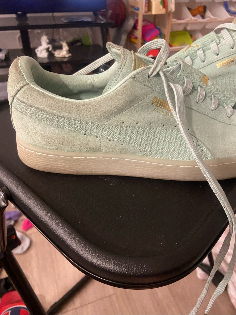 Puma Mint Green Suede Platform Sneakers with Gold Accents